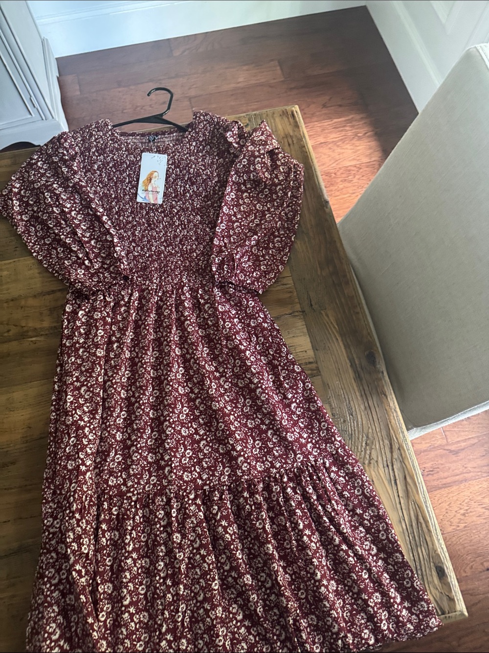 PrettyGarden Burgundy Floral Midi Dress